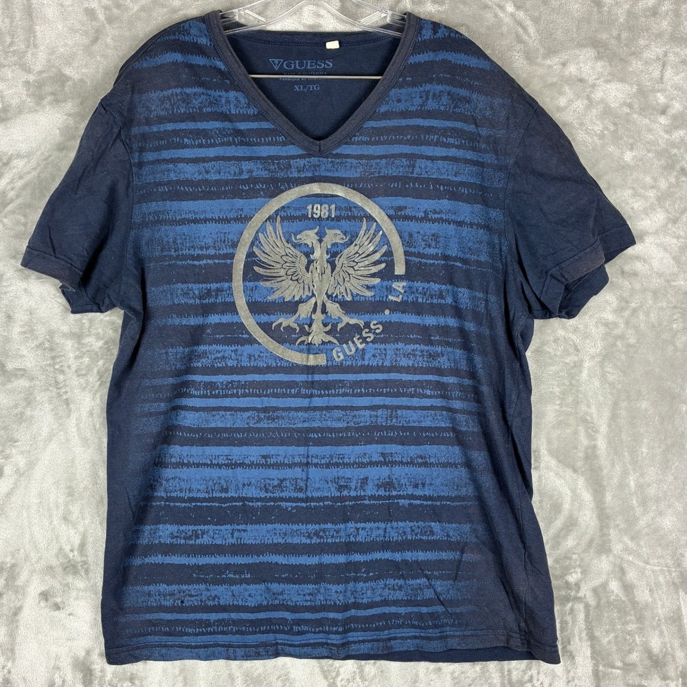 Guess Mens Navy Blue Striped V-Neck Graphic T-Shirt XL Eagle Logo X34I26K0060